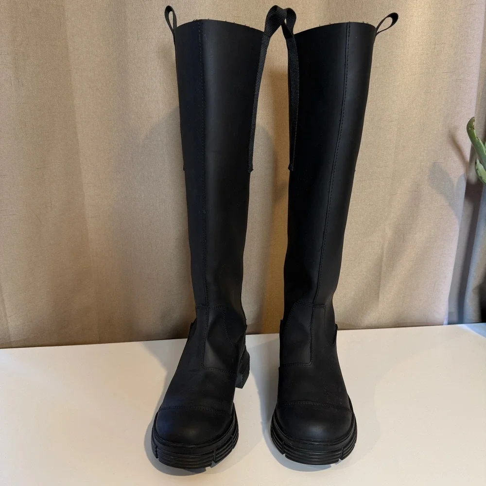 Ganni Black Recycled Rubber Knee High Chunky Lug Sole Boots EU 37 Womens